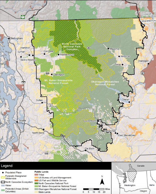 Map of North Cascades area showing public land and land management agencies. Black line outlines boundary of the ecosystem.