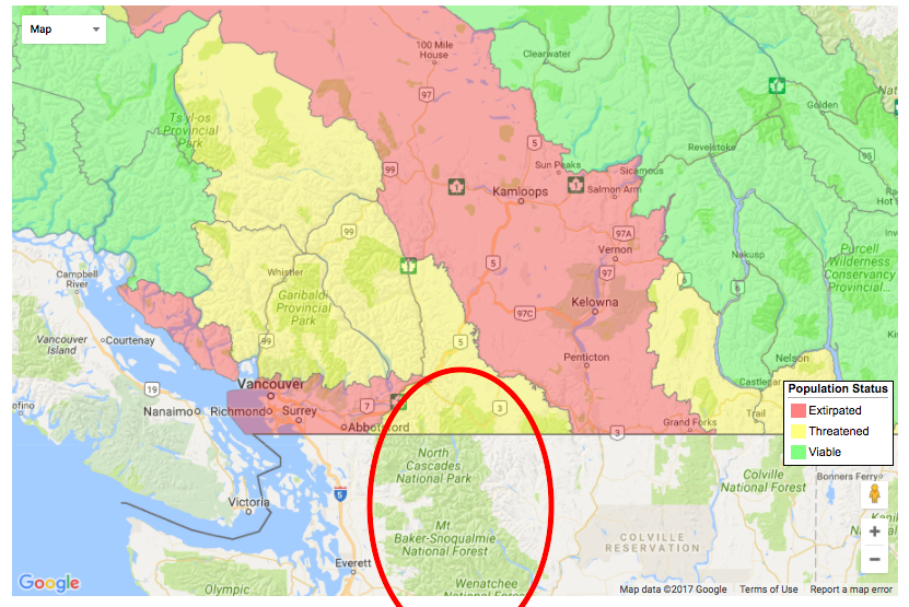 Alt Text: Map of Grizzly Bear Population Status in British Columbia (Red=Extirpated, Yellow=Threatened, Green=Viable)