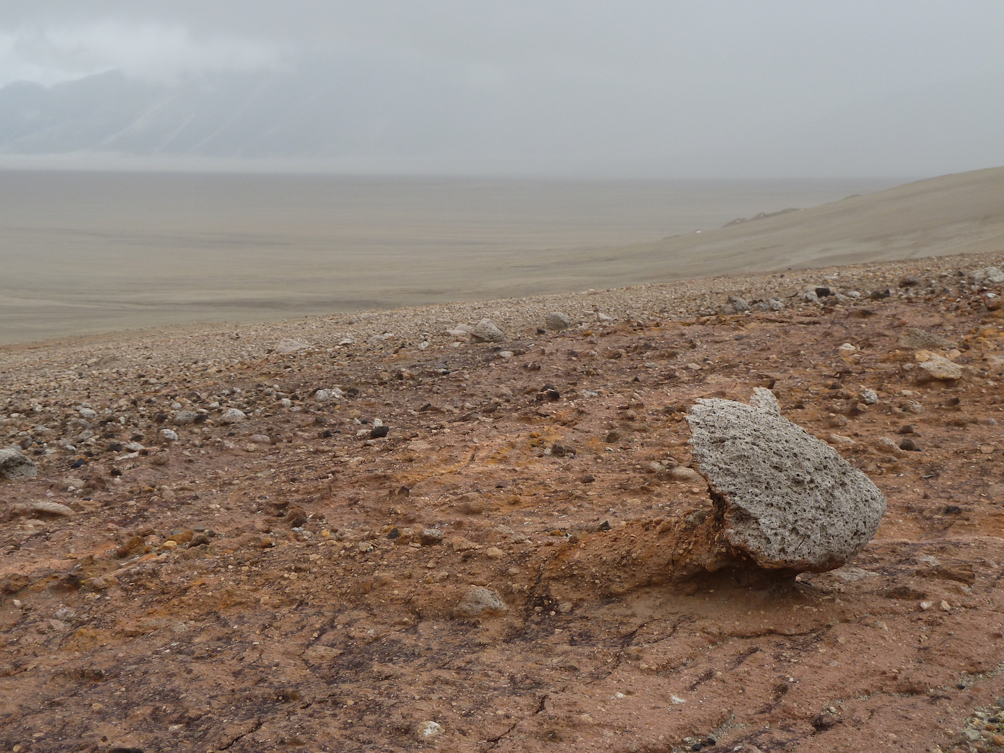 barren area with pumice. Large piece of pumice at lower right.