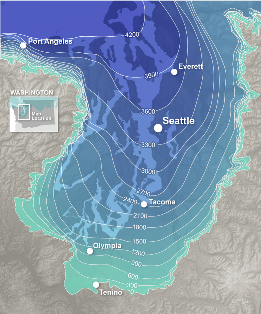 graphic illustrating extent and thickness of ice sheet over Puget Sound region 16,000 years ago.