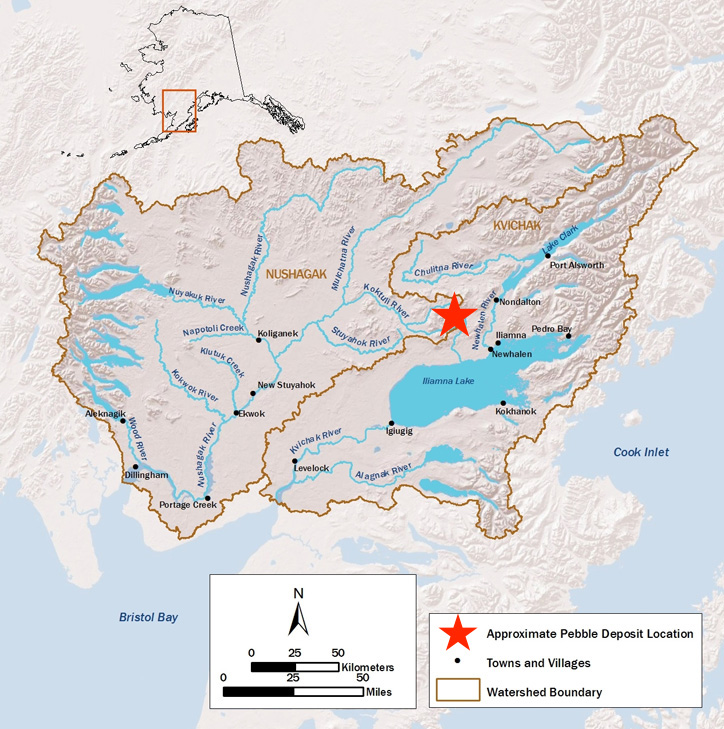 Map outlining Nushagak and Kvichak watersheds. Red star marks location of Pebble Mine.