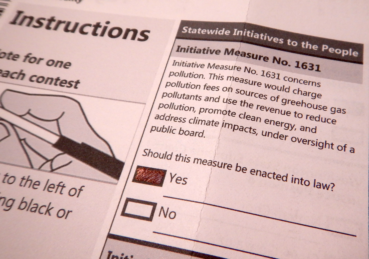 photo of Washington State ballot showing yes selected for Initiative 1631