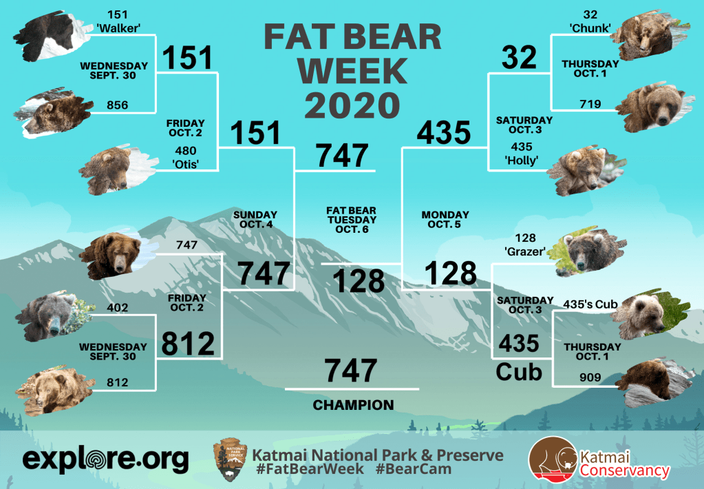 Fat Bear Week 2020 bracket. It lists six bears on the left and six on the right. The logos at the bottom represent explore.org, Katmai National Park, and the Katmai Conservancy.