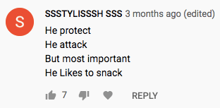 screen shot of youtube comment. text says, "SSSTYLISSSH SSS e months ago (edited) He protect He attack But most important He likes to snack"