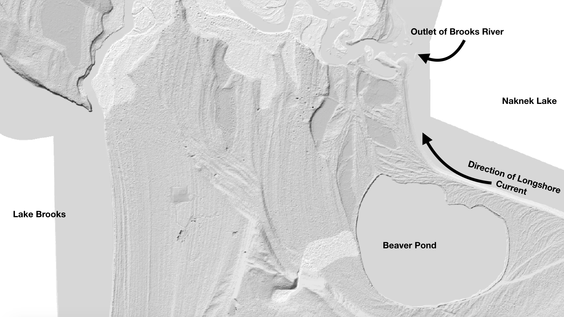Black and white LIDAR image. Brooks River meanders near top of image. Labels say 'lake brooks,' 'outlet of brooks river,' 'naknek lake,'