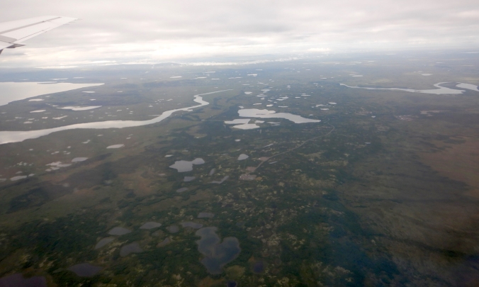 aerial photo of hummocky landform extending from bottom center to top center of photo. moraine is covered in sparse spruce and ponds.