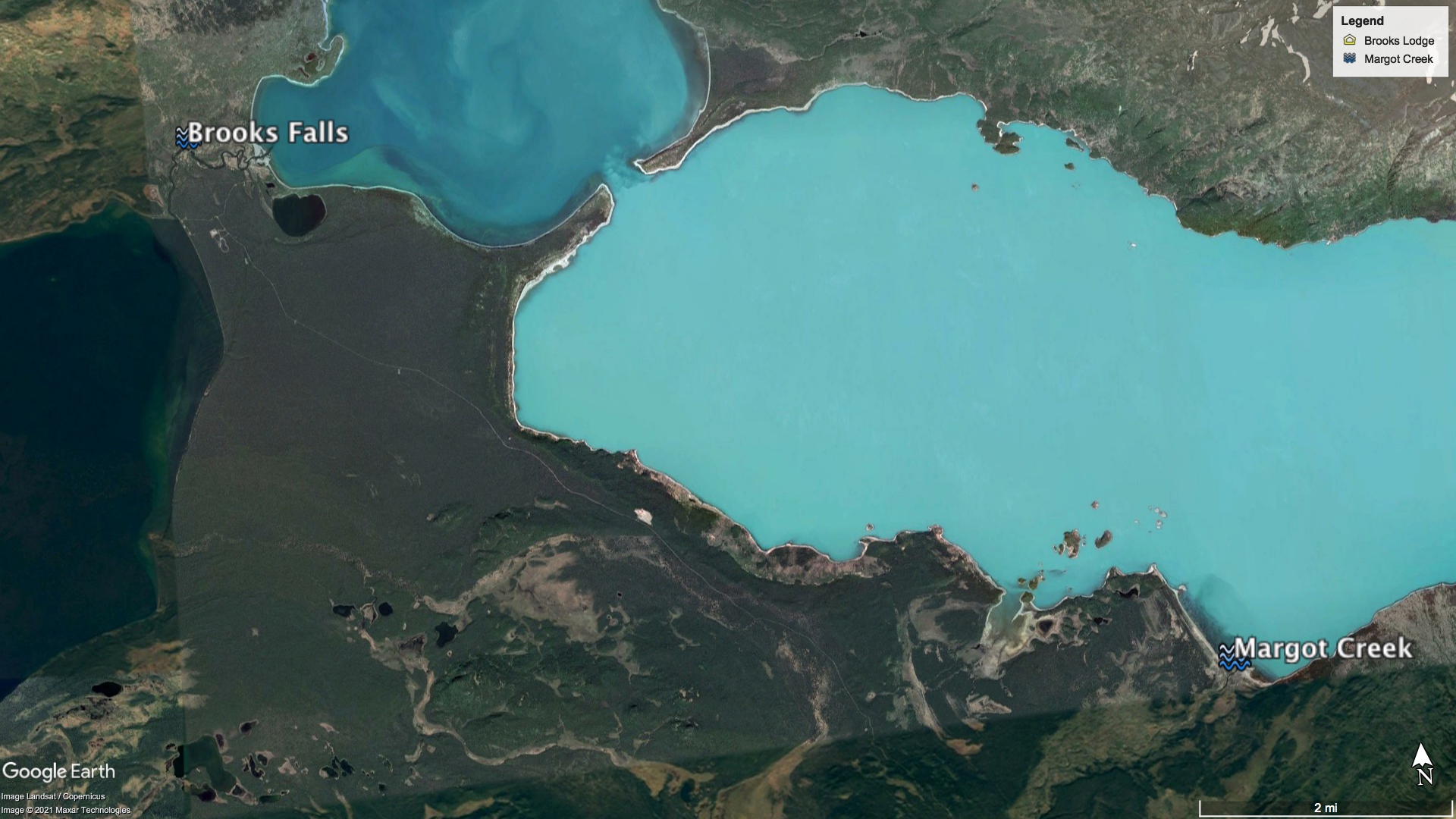 Google Earth image showing relative locations of Brooks Falls (upper left) and Margot Creek (lower right). Thickly vegetated land surrounds milky blue lake. North is the top of the map. The scale at lower right is 2 miles