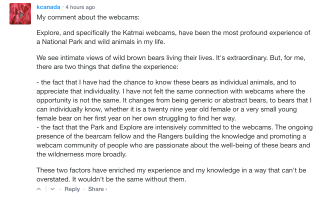 Kcanada / 4 hours ago. My comment about the webcams: Explore, and specifically the Katmai webcams, have been the most profound experience of a National Park and wild animals in my life. We see intimate views of wild brown bears living their lives. It’s extraordinary. But, for me, there are two things that define the experience. - the fact that I have had the chance to know these bears as individual animals, and to appreciate that individuality. I have not felt the same connection with webcams where the opportunity is not the same. It changes from being generic or abstract bears, to bears that I can individually know, whether it is a twenty nine year old female or a very small young female bear on her first year on her own struggling to find her way. - the fact that the park and Explore are intensively committed to the webcams. The ongoing presence of the bearcam fellow and the rangers building the knowledge and promoting a webcam community of people who are passionate about the well-being of these bears and the wilderness more broadly. These two factors have enriched my experience and my knowledge in a way that can’t be overstated. It wouldn’t be the same without them.