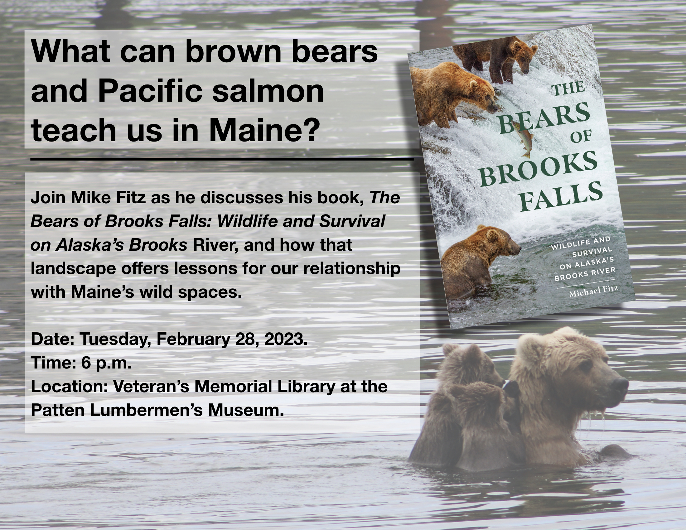 Flyer for a book talk. Background image is a bear swimming through water with two cubs clinging to her back. Above the bears is a book cover with the title "The Bears of Brooks Falls." The descriptive text reads, "What can brown bears and Pacific salmon teach us in Maine? Join Mike Fitz as he discusses his book, The Bears of Brooks Falls: Wildlife and Survival on Alaska’s Brooks River, and how that landscape offers lessons for our relationship with Maine’s wild spaces. Date: Tuesday, February 28, 2023. Time: 6 p.m. Location: Veteran’s Memorial Library at the Patten Lumbermen’s Museum."