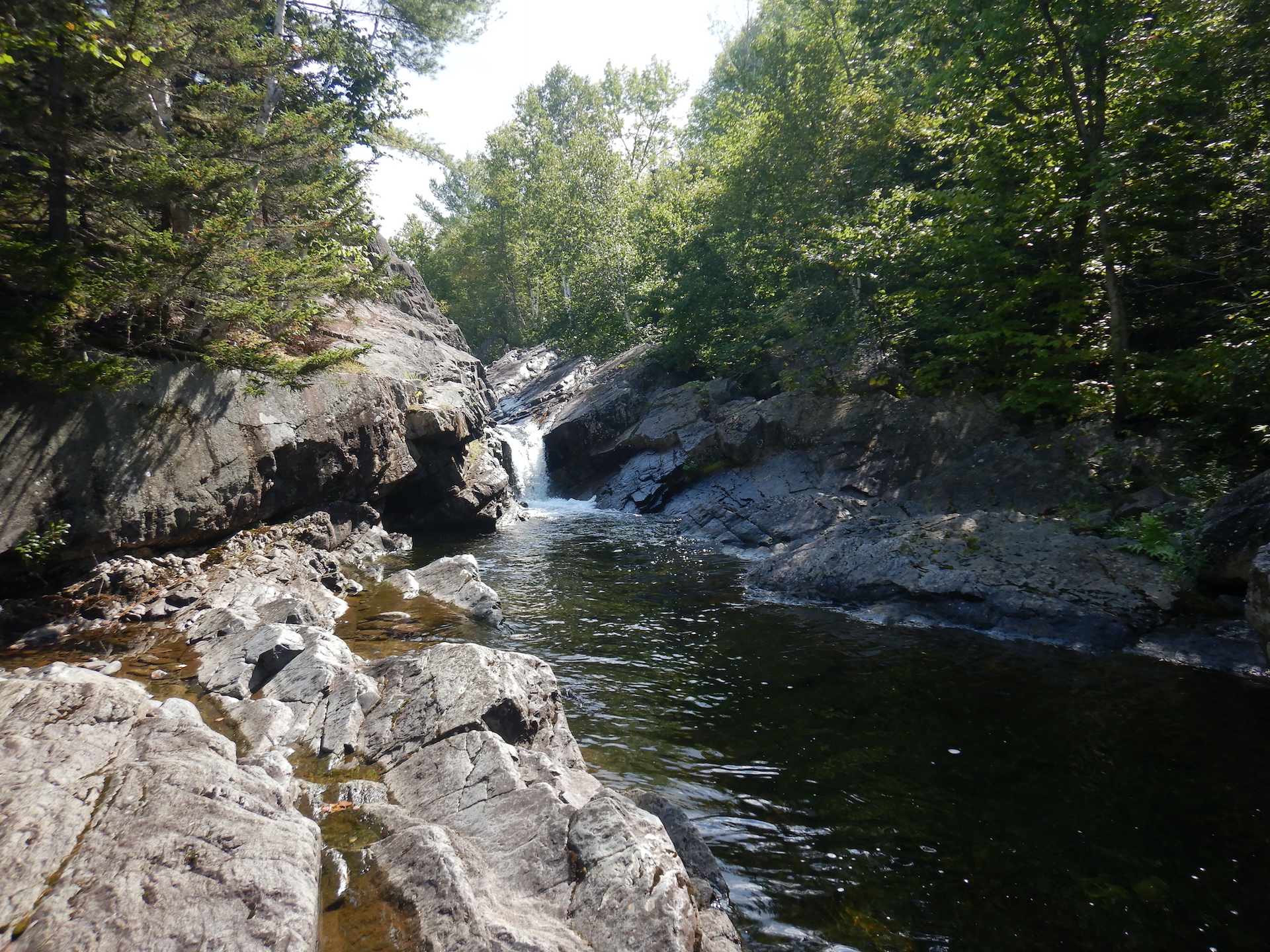 Stream flowing over a small waterfall then through a wider pool. Water flows from center at the waterfall to lower right. Bedrock surrounds the lower portion of the stream, while forest frames it from above.
