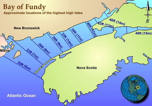 A graphical map of Bay of Fundy. Header text reads, "Bay of Fundy: Approximate locations of the highest tides." Map shows southern coastal New Brunswick and parts of Nova Scotia. Lines mark the differences in tide levels.