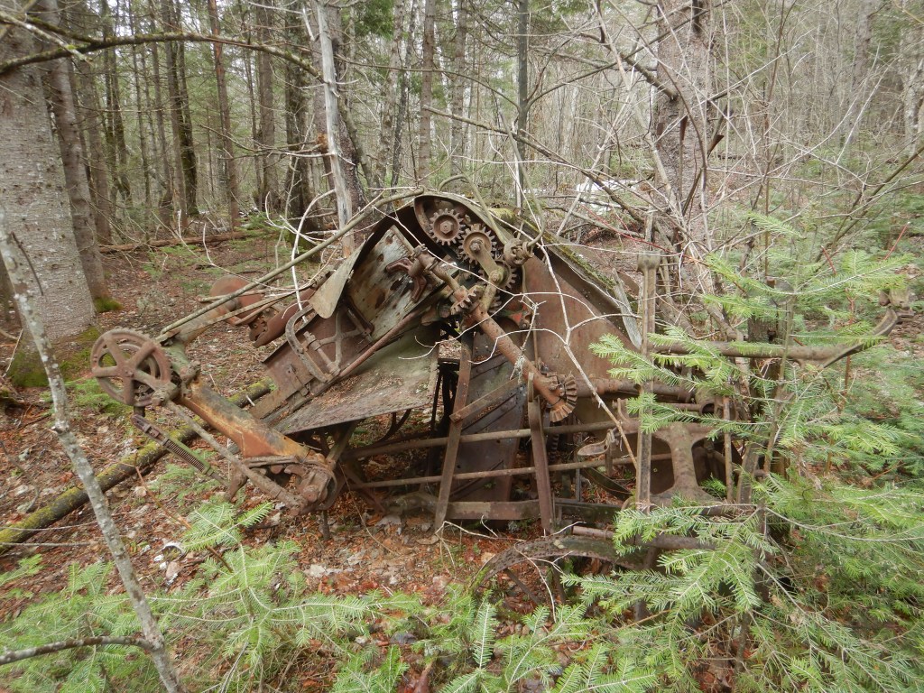 Rusting farm equipment in forest setting. Small trees surround the machinery. Internal gears and handles are visible.