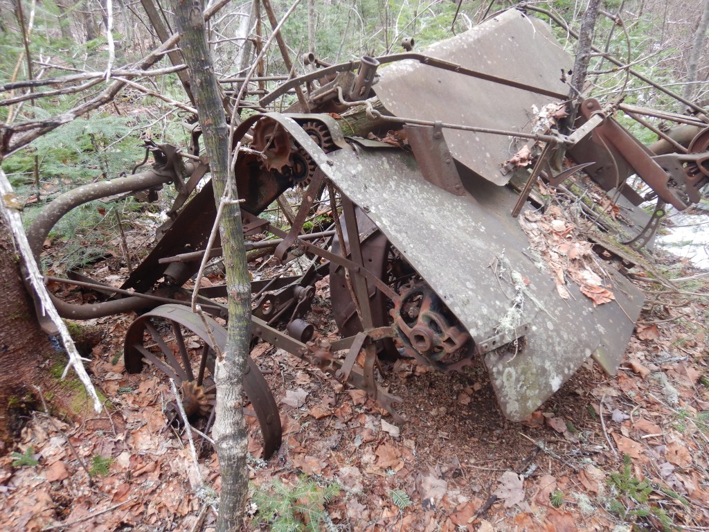 Rusting farm equipment in forest setting. Small trees surround the machinery. Internal gears and handles are visible.